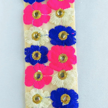 Beige Net Lace Trim In Blue, Off White, Fuchsia Pink And Gold Floral Embroidery And Mirror Embellishments